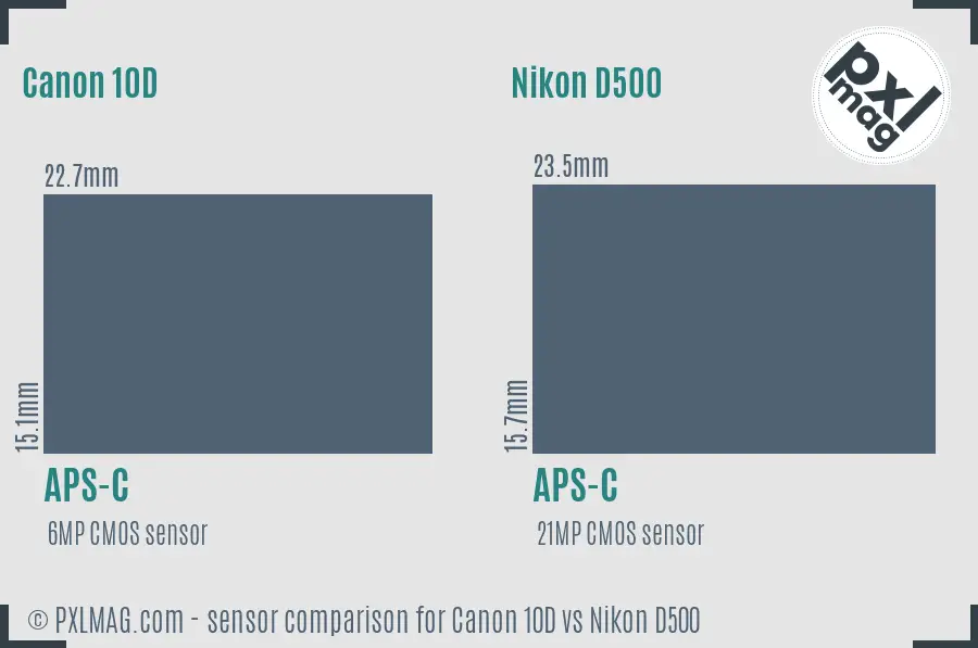 Canon 10D vs Nikon D500 sensor size comparison