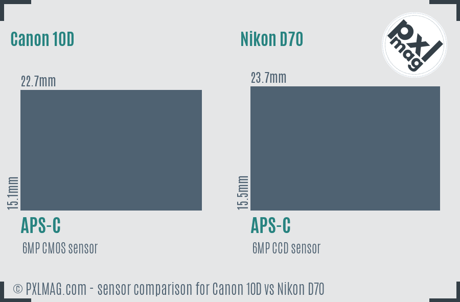 Canon 10D vs Nikon D70 sensor size comparison