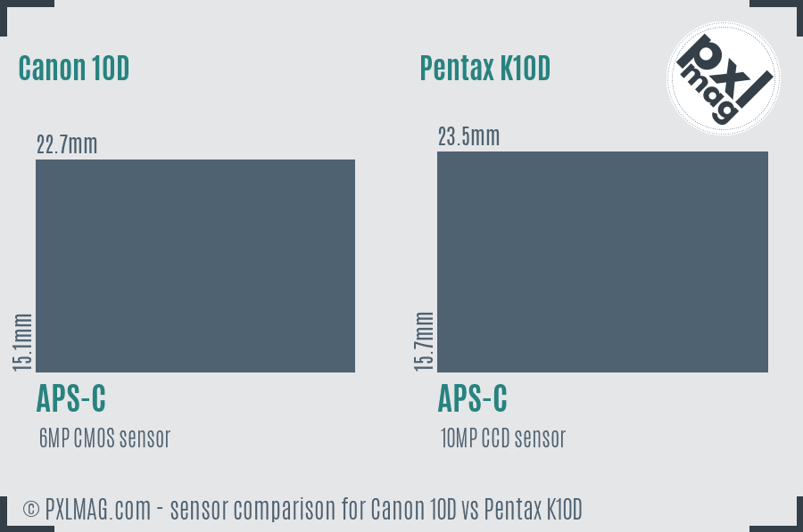 Canon 10D vs Pentax K10D sensor size comparison