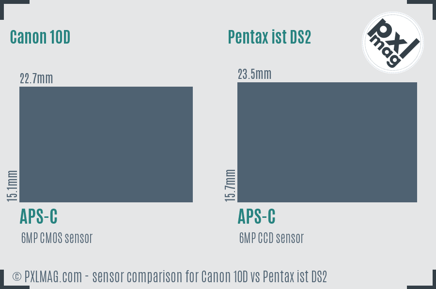 Canon 10D vs Pentax ist DS2 sensor size comparison