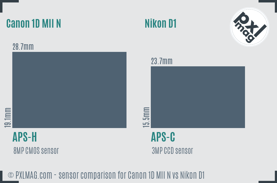Canon 1D MII N vs Nikon D1 sensor size comparison
