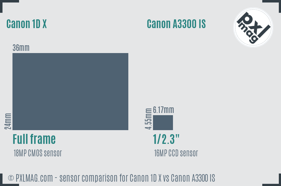 Canon 1D X vs Canon A3300 IS sensor size comparison