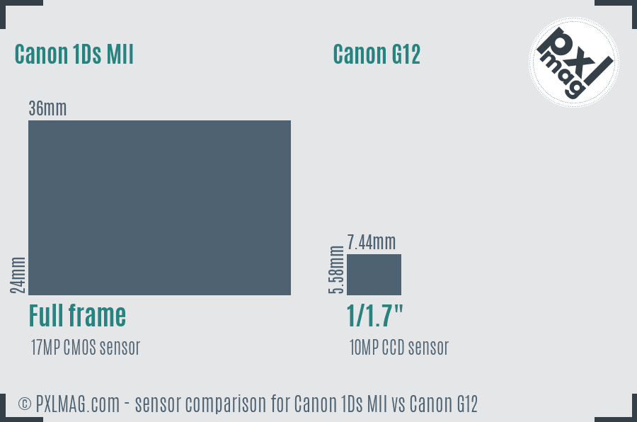 Canon 1Ds MII vs Canon G12 sensor size comparison