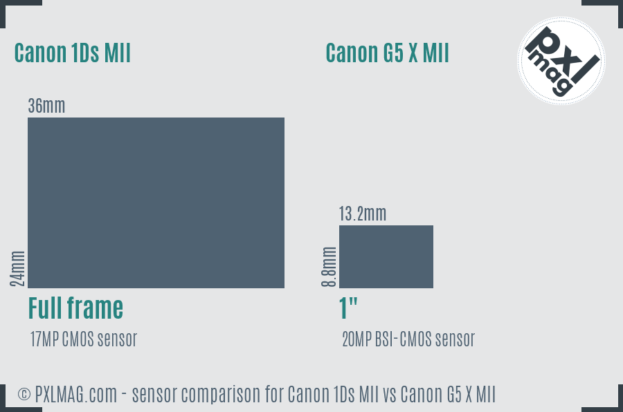 Canon 1Ds MII vs Canon G5 X MII sensor size comparison