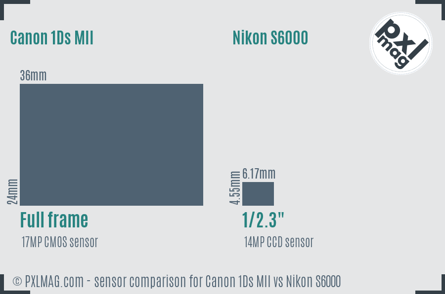 Canon 1Ds MII vs Nikon S6000 sensor size comparison