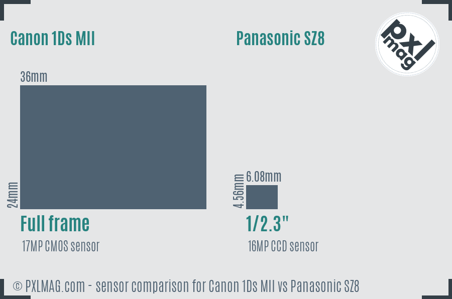 Canon 1Ds MII vs Panasonic SZ8 sensor size comparison