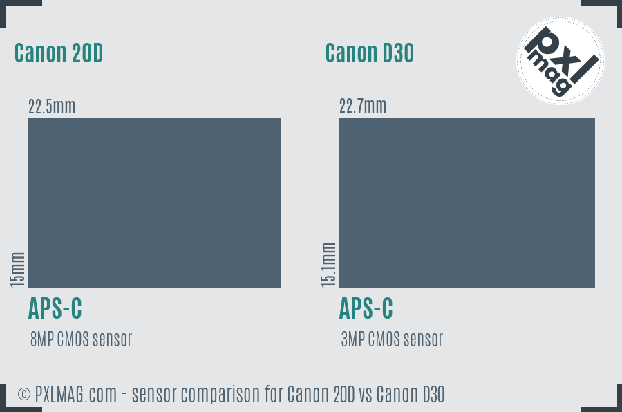 Canon 20D vs Canon D30 sensor size comparison