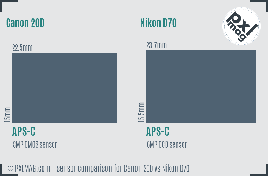 Canon 20D vs Nikon D70 sensor size comparison