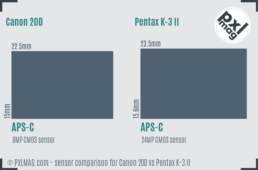 Canon 20D vs Pentax K-3 II sensor size comparison