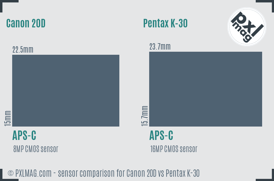 Canon 20D vs Pentax K-30 sensor size comparison