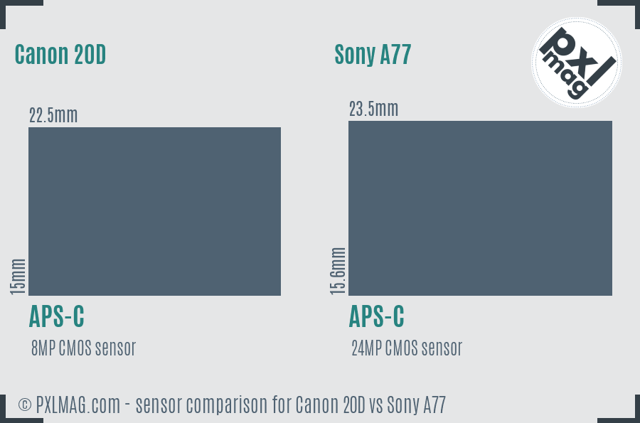 Canon 20D vs Sony A77 sensor size comparison
