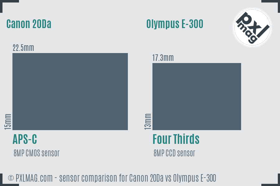 Canon 20Da vs Olympus E-300 sensor size comparison