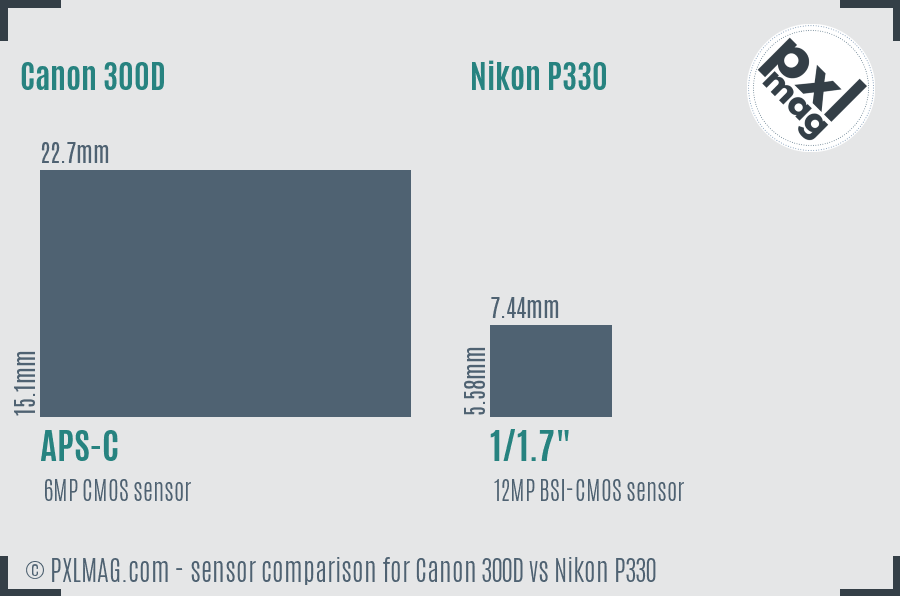 Canon 300D vs Nikon P330 sensor size comparison