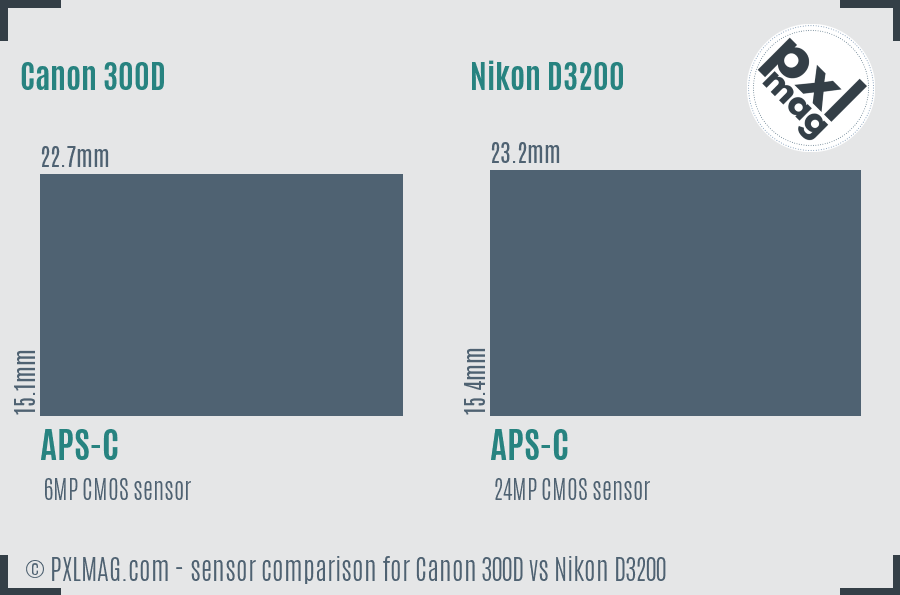 Canon 300D vs Nikon D3200 sensor size comparison