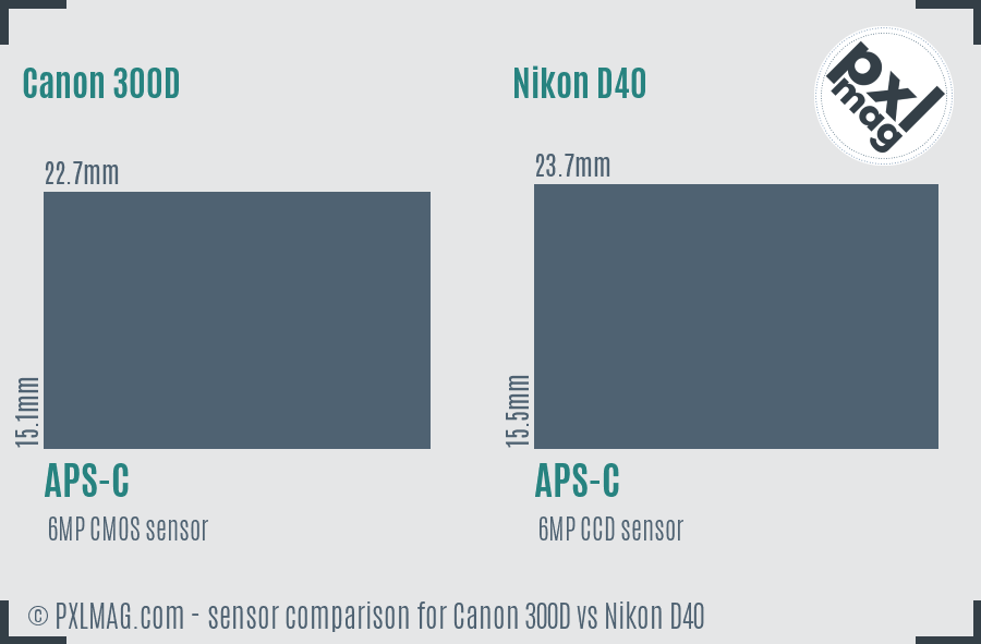 Canon 300D vs Nikon D40 sensor size comparison