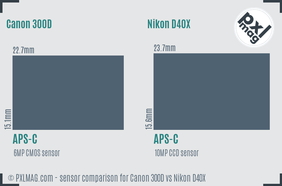 Canon 300D vs Nikon D40X sensor size comparison