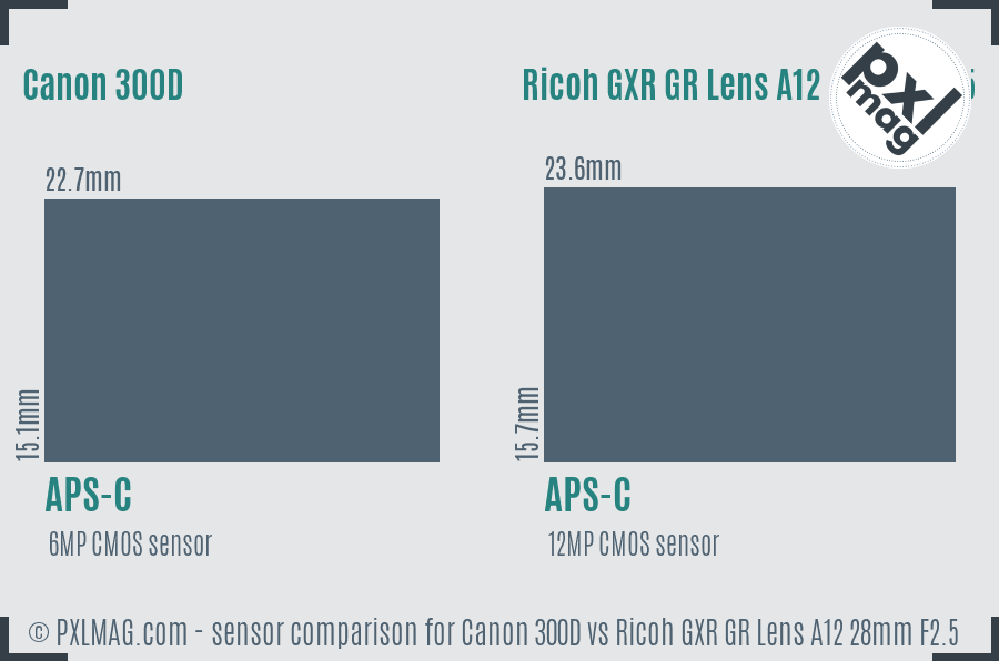 Canon 300D vs Ricoh GXR GR Lens A12 28mm F2.5 sensor size comparison