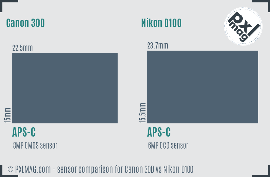 Canon 30D vs Nikon D100 sensor size comparison
