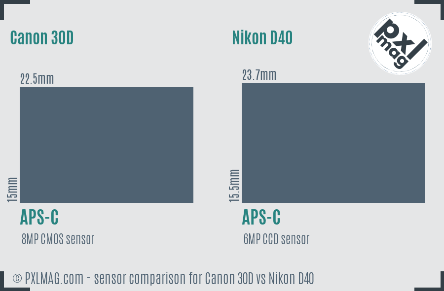 Canon 30D vs Nikon D40 sensor size comparison