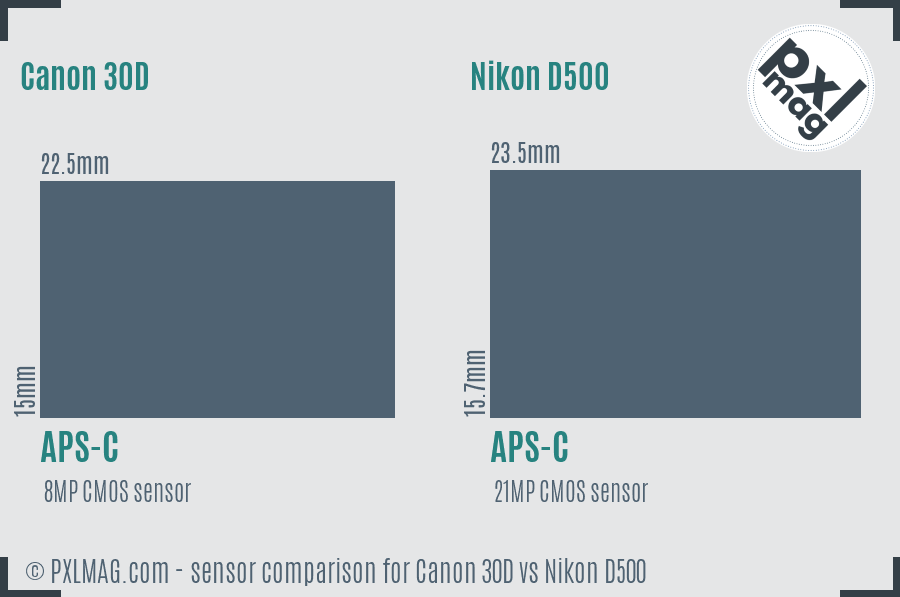 Canon 30D vs Nikon D500 sensor size comparison