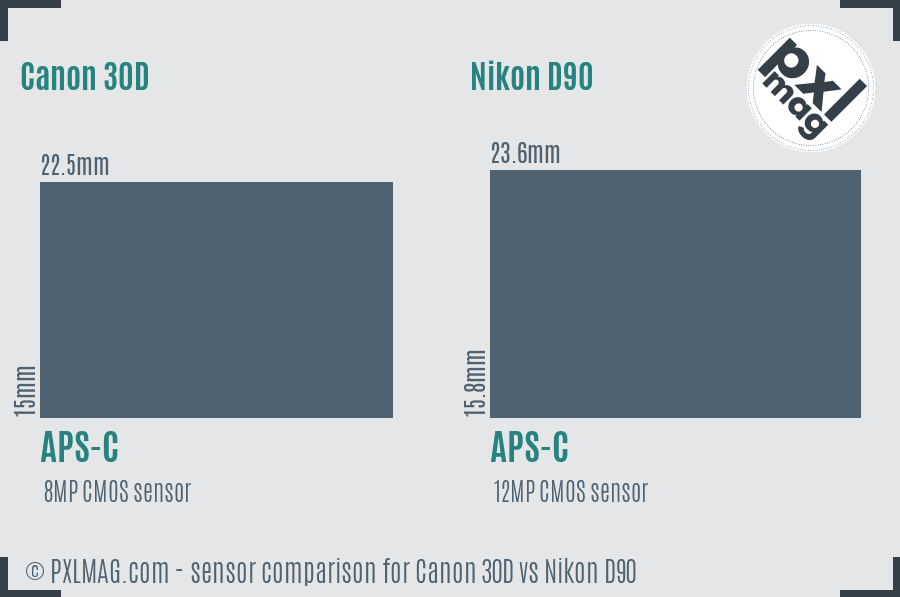 Canon 30D vs Nikon D90 sensor size comparison