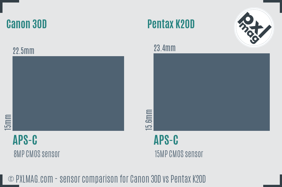 Canon 30D vs Pentax K20D sensor size comparison