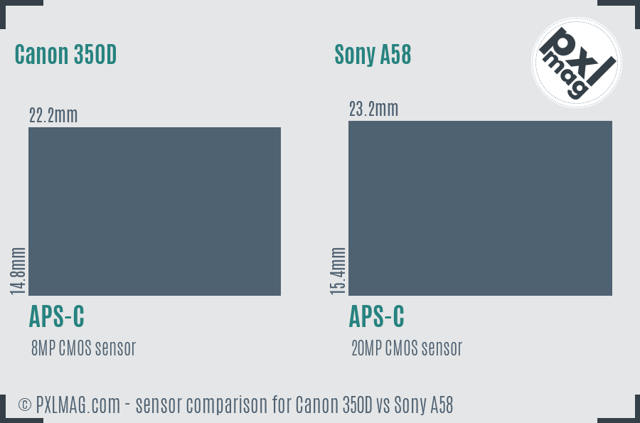 Canon 350D vs Sony A58 sensor size comparison