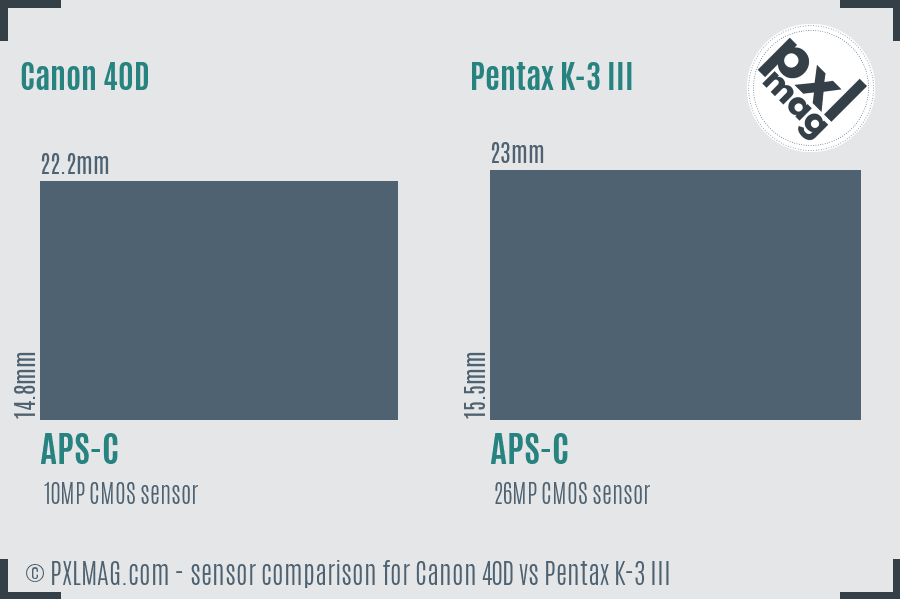 Canon 40D vs Pentax K-3 III sensor size comparison