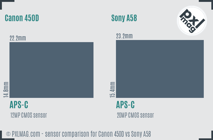 Canon 450D vs Sony A58 sensor size comparison