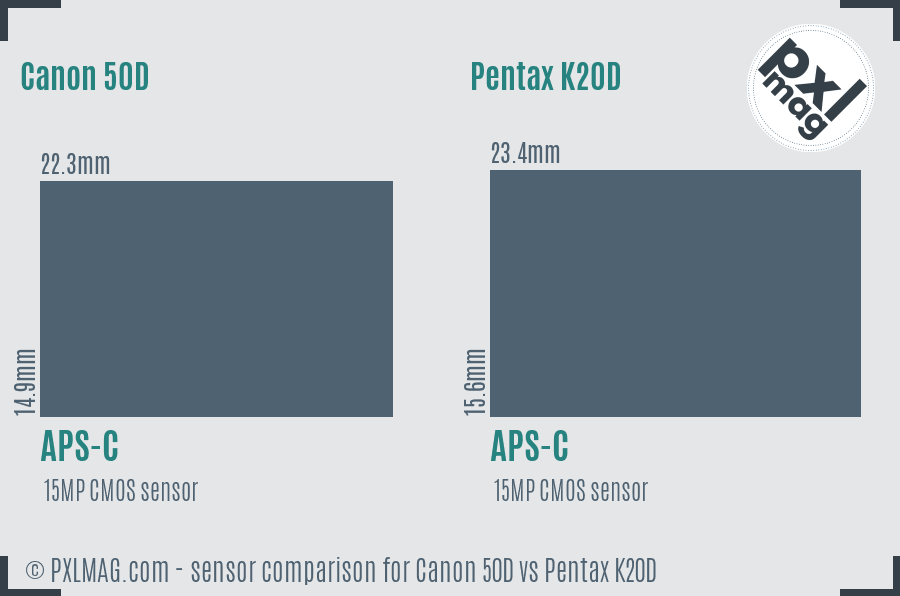 Canon 50D vs Pentax K20D sensor size comparison