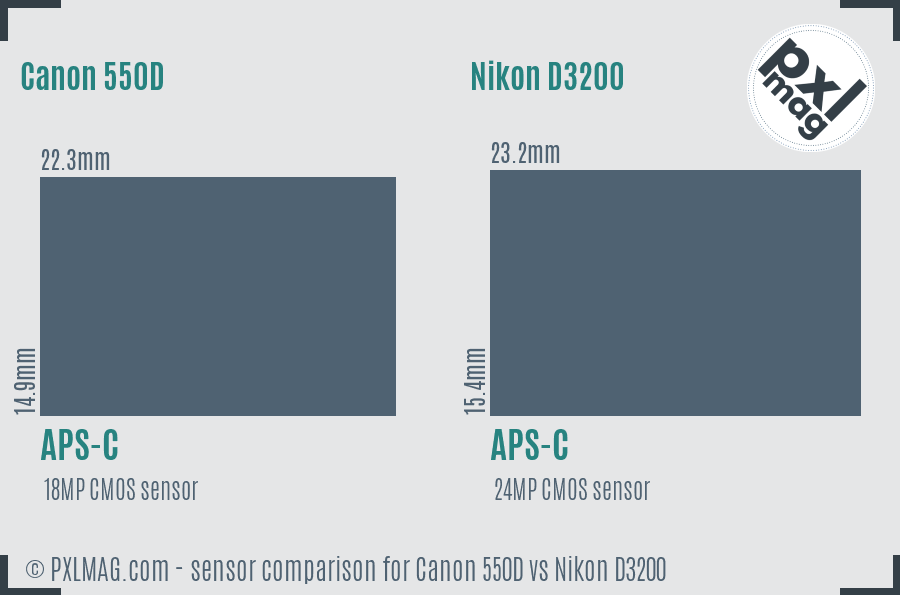 Canon 550D vs Nikon D3200 sensor size comparison