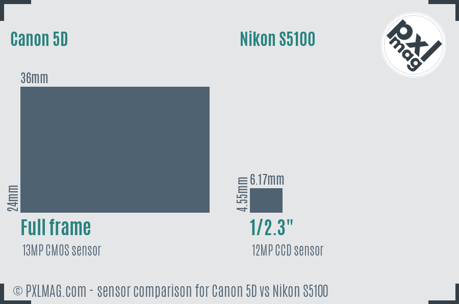 Canon 5D vs Nikon S5100 sensor size comparison