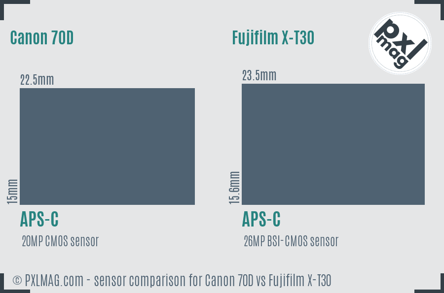 Canon 70D vs Fujifilm X-T30 sensor size comparison