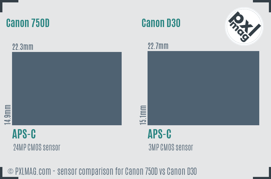 Canon 750D vs Canon D30 sensor size comparison