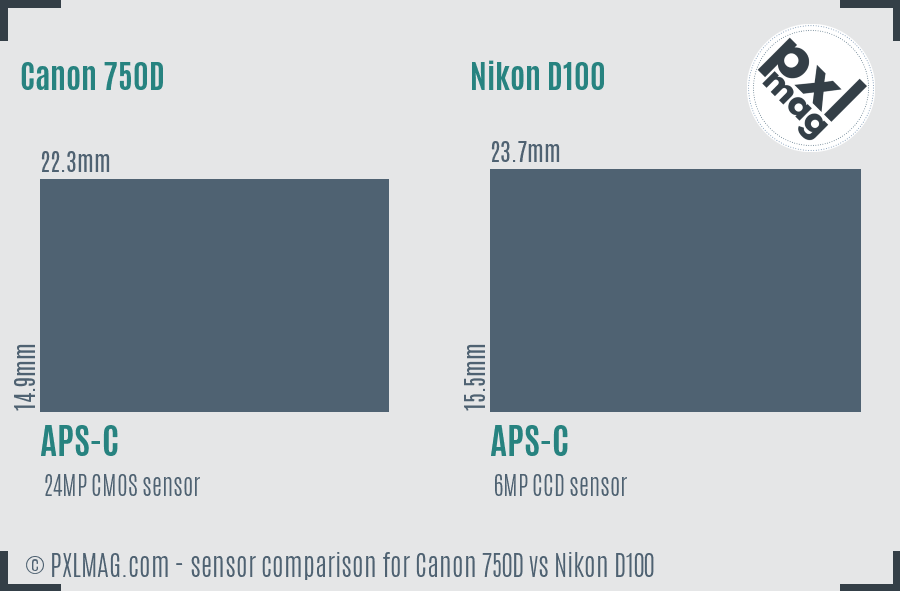 Canon 750D vs Nikon D100 sensor size comparison Canon 750D vs Nikon D100 sensor size comparison