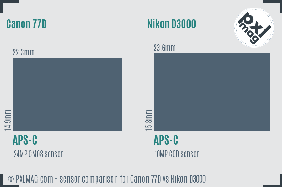 Canon 77D vs Nikon D3000 sensor size comparison