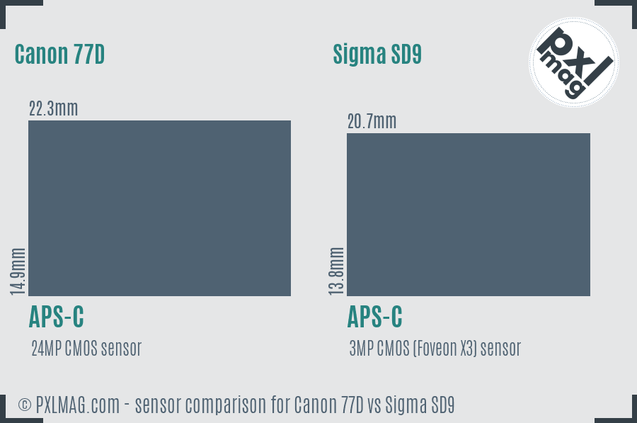 Canon 77D vs Sigma SD9 sensor size comparison