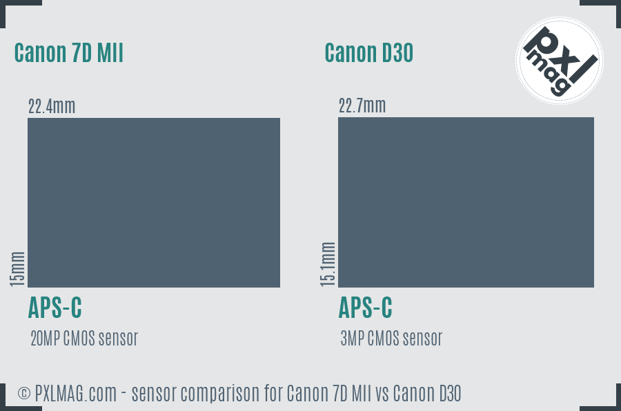 Canon 7D MII vs Canon D30 sensor size comparison