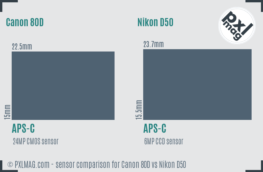Canon 80D vs Nikon D50 sensor size comparison