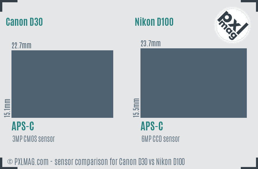 Canon D30 vs Nikon D100 sensor size comparison