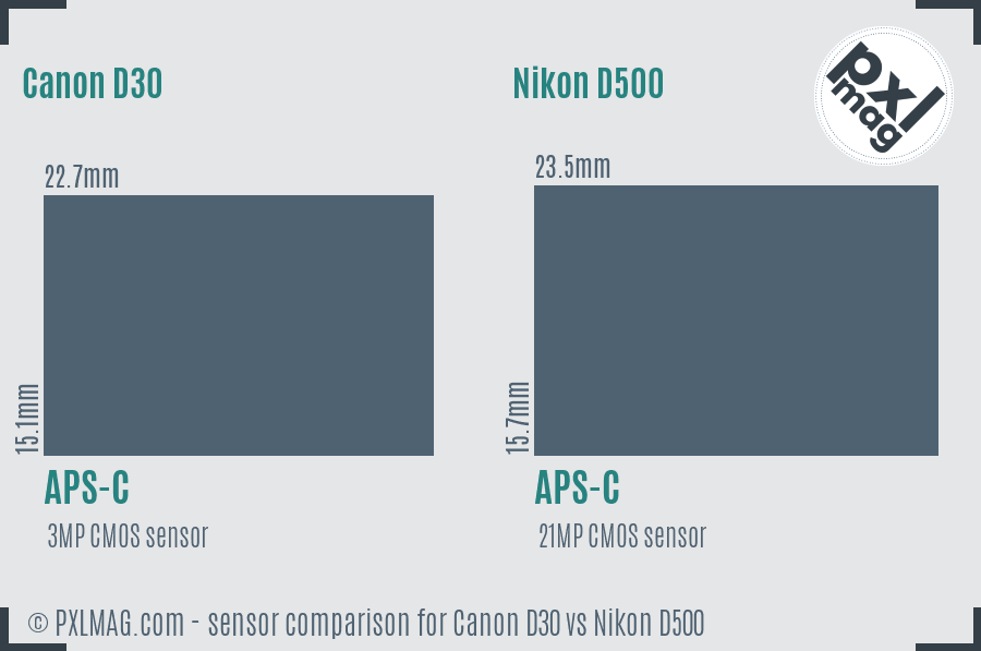 Canon D30 vs Nikon D500 sensor size comparison