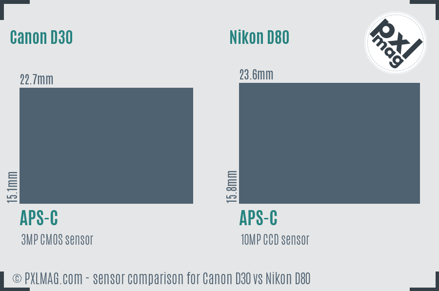 Canon D30 vs Nikon D80 sensor size comparison
