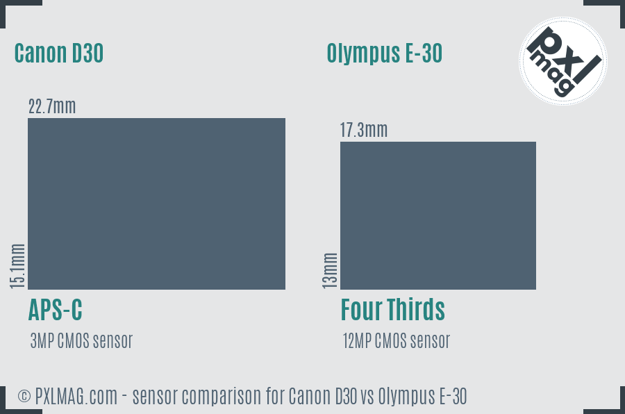 Canon D30 vs Olympus E-30 sensor size comparison