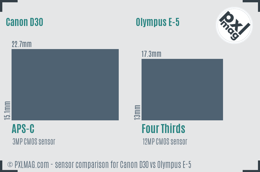 Canon D30 vs Olympus E-5 sensor size comparison