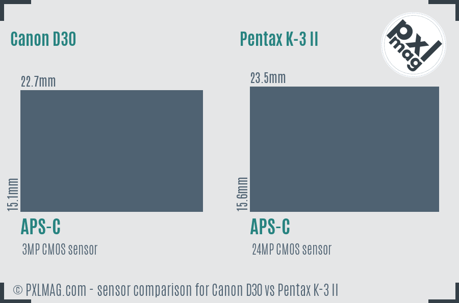 Canon D30 vs Pentax K-3 II sensor size comparison