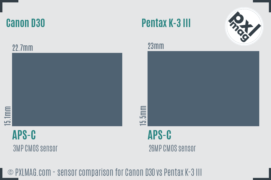 Canon D30 vs Pentax K-3 III sensor size comparison