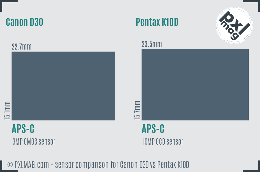 Canon D30 vs Pentax K10D sensor size comparison