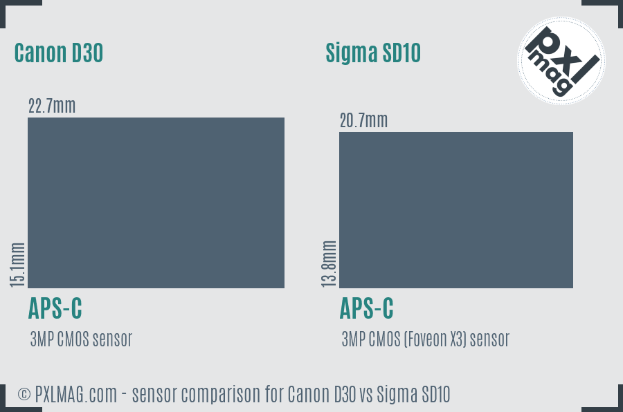 Canon D30 vs Sigma SD10 sensor size comparison