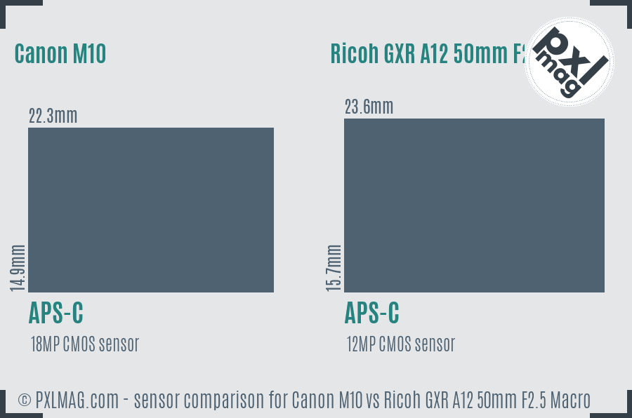 Canon M10 vs Ricoh GXR A12 50mm F2.5 Macro sensor size comparison