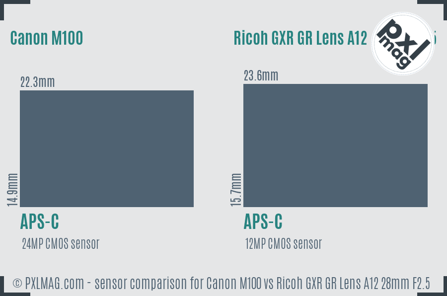 Canon M100 vs Ricoh GXR GR Lens A12 28mm F2.5 sensor size comparison